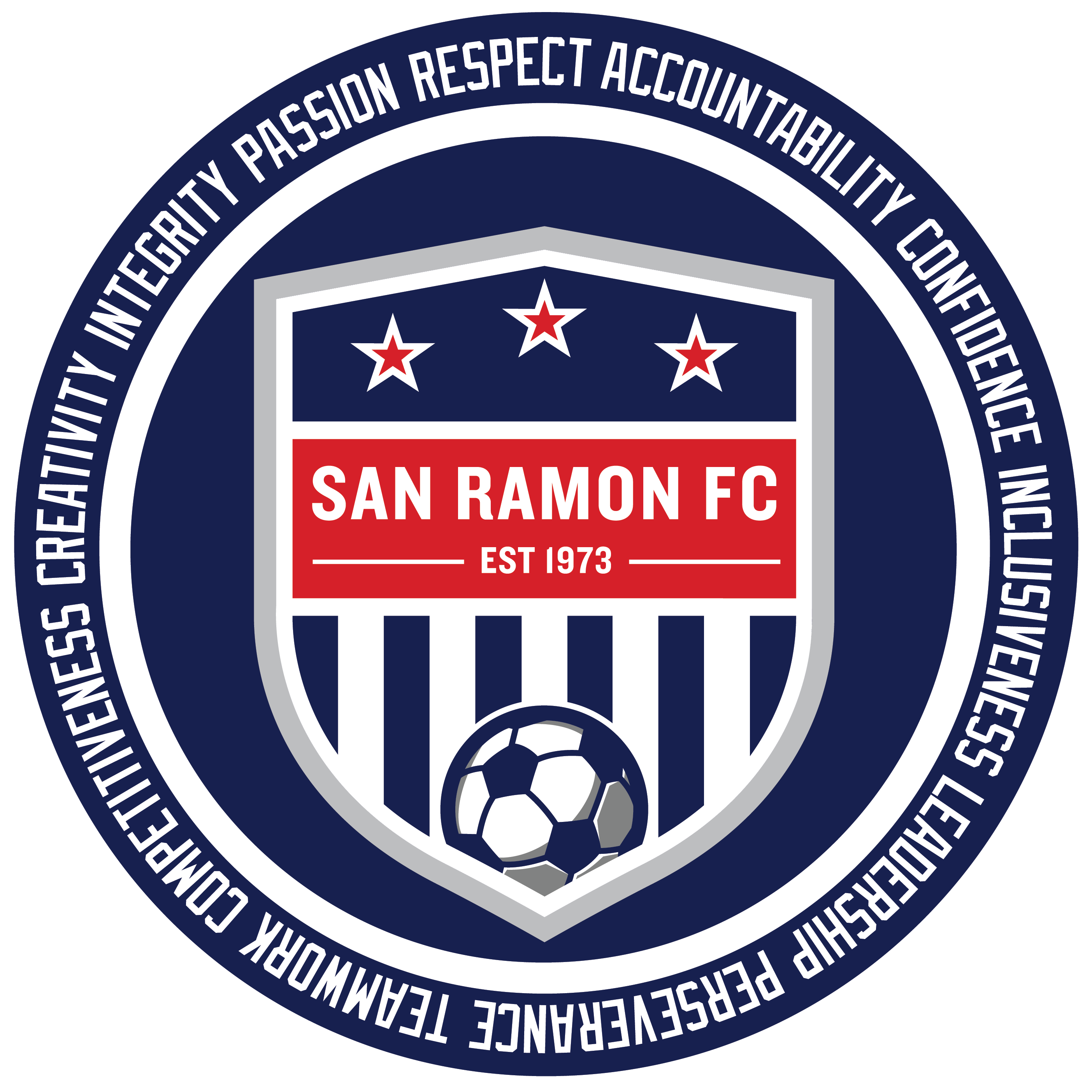 Circular San Ramon FC logo. A central shield features stars, stripes, a soccer ball, and "SAN RAMON FC EST 1973". An outer navy ring lists values including passion, respect, and teamwork.