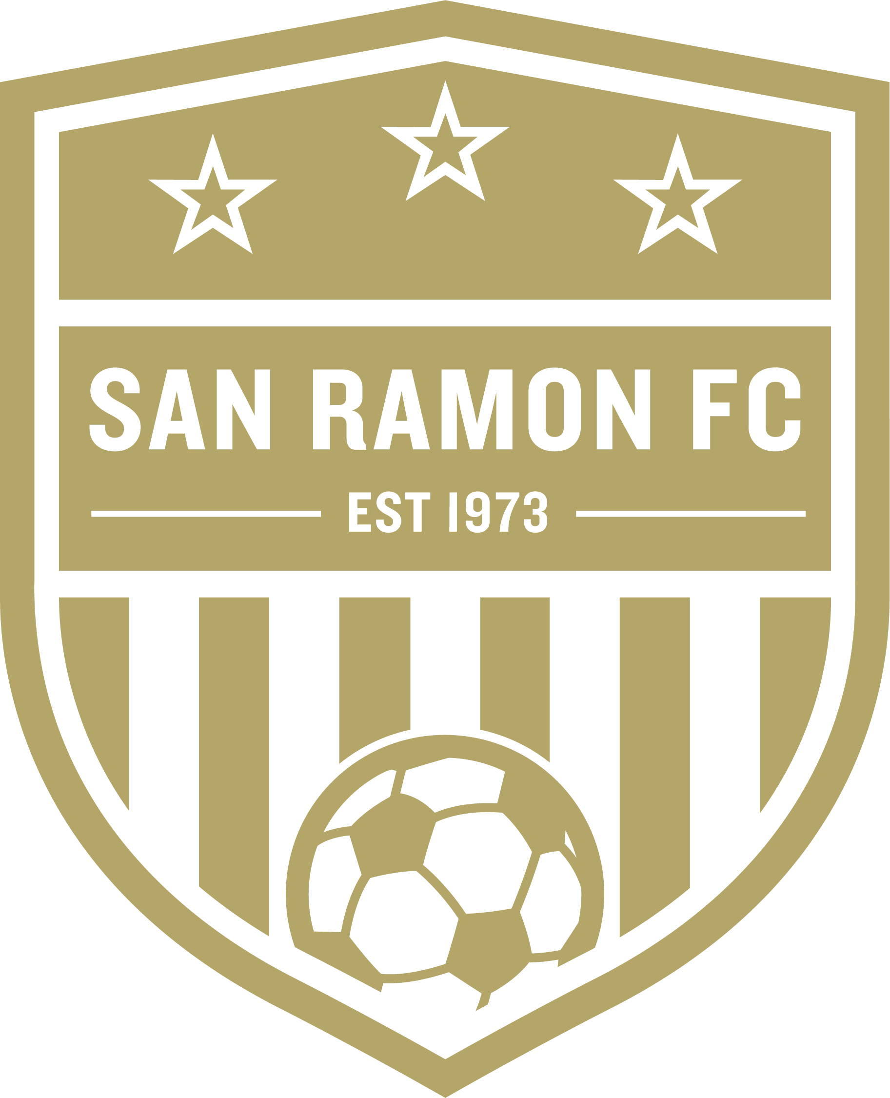 Gold and white shield logo for San Ramon FC featuring three stars, the text "SAN RAMON FC EST 1973", and a soccer ball over vertical stripes.