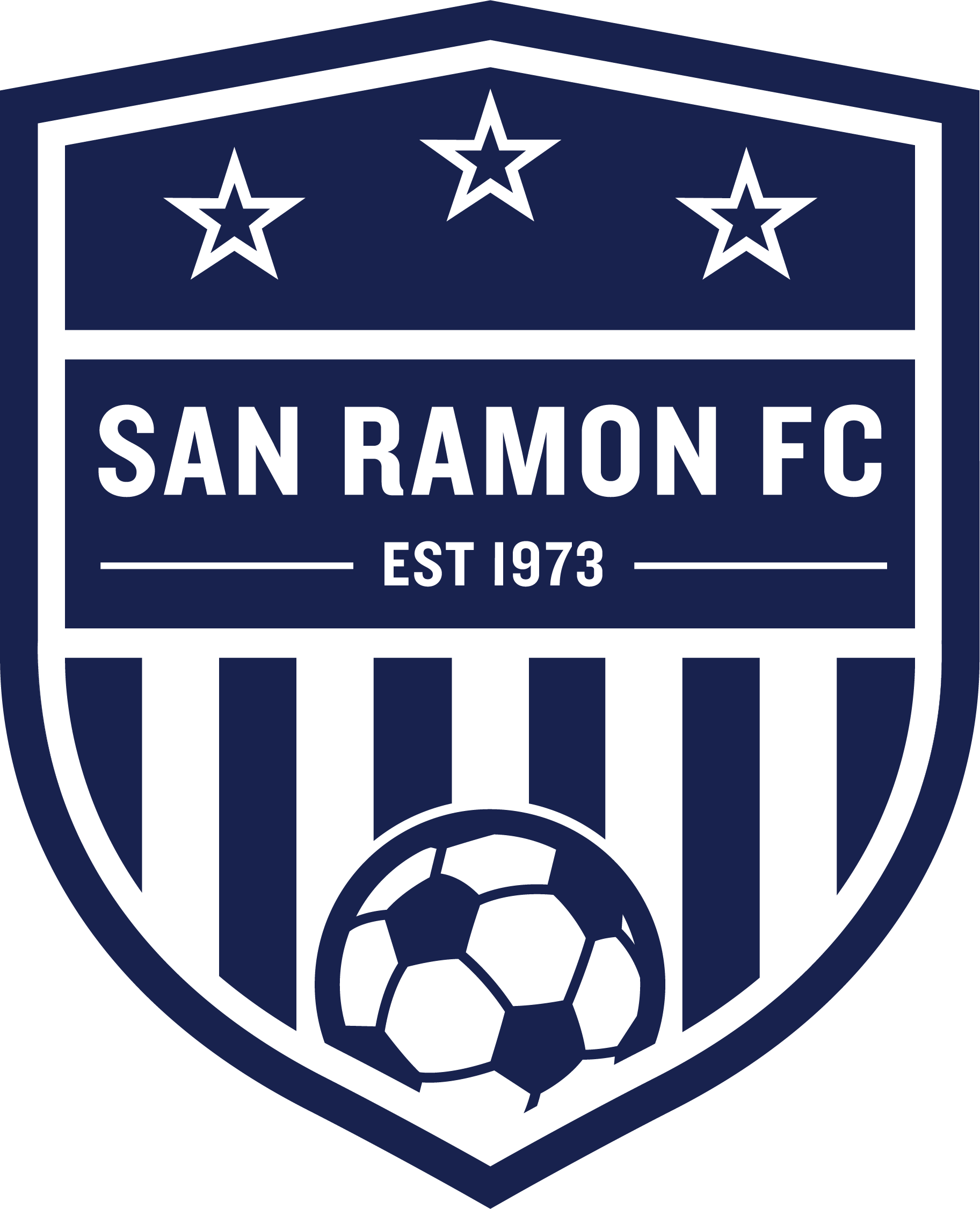 Navy and white shield logo for San Ramon FC, established 1973. It features three stars at the top and a soccer ball centered over vertical stripes.
