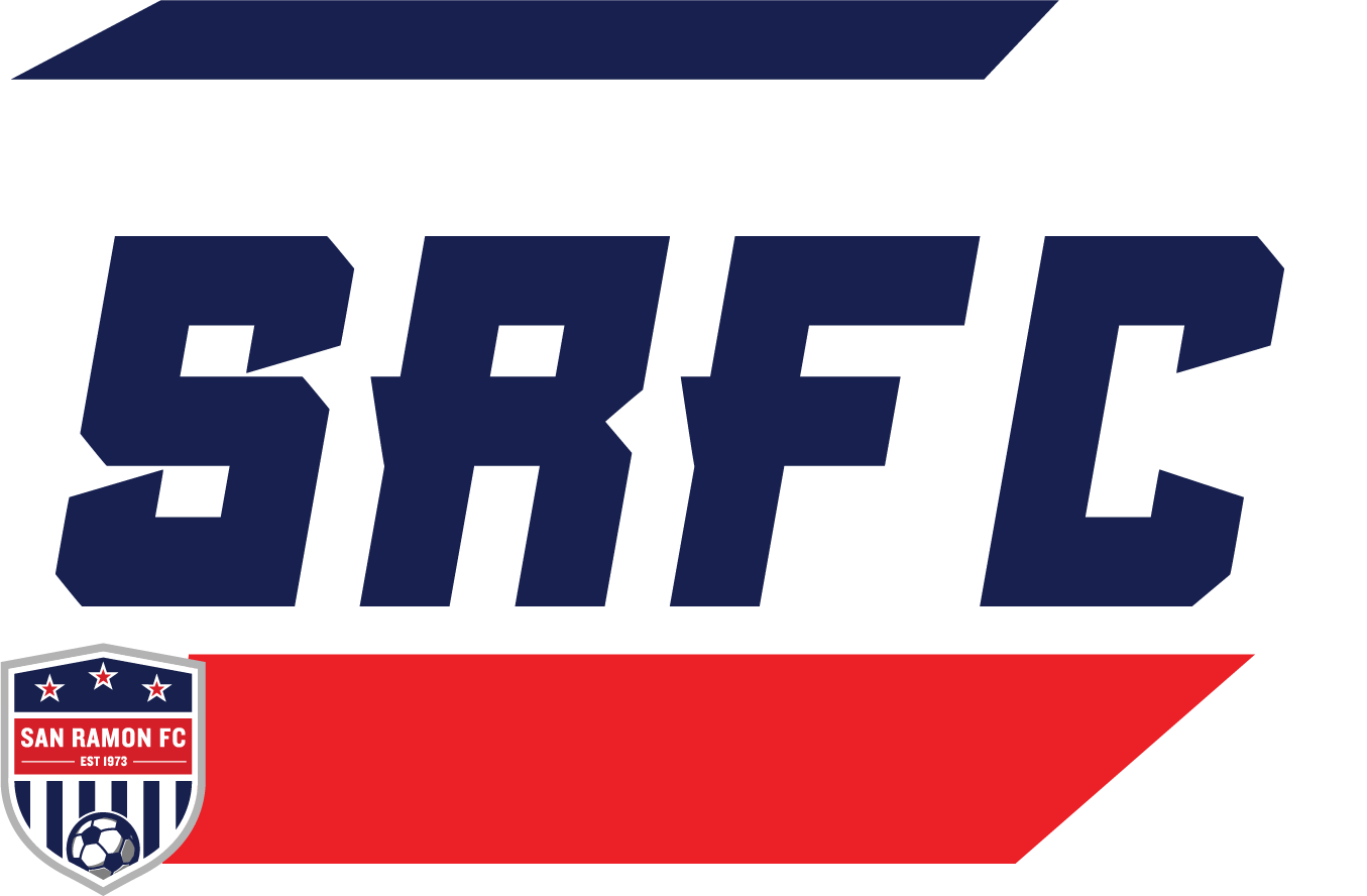 Logo for San Ramon FC featuring bold dark blue letters "SRFC" between slanted blue and red stripes, with the club's crest in the bottom left corner.