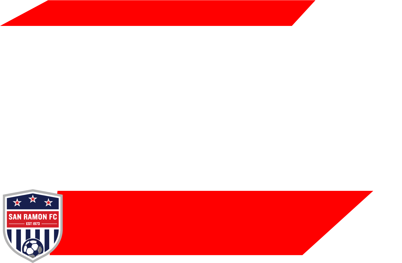 A graphic template featuring red diagonal banners at the top and bottom on a white background, with the San Ramon FC logo in the bottom left corner.