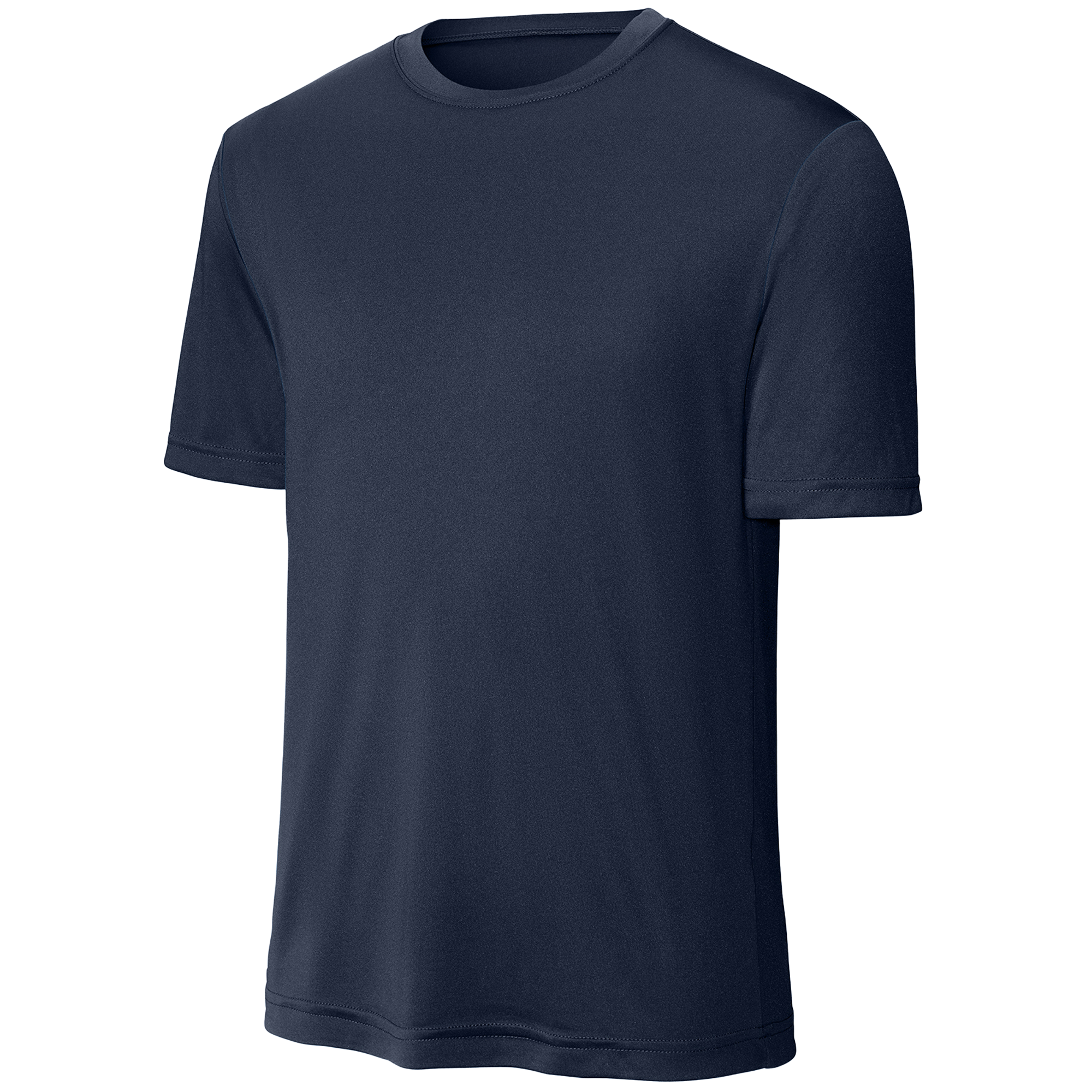 Navy blue short-sleeve crew neck t-shirt made of performance athletic fabric, shown at a three-quarter angle on a white background.