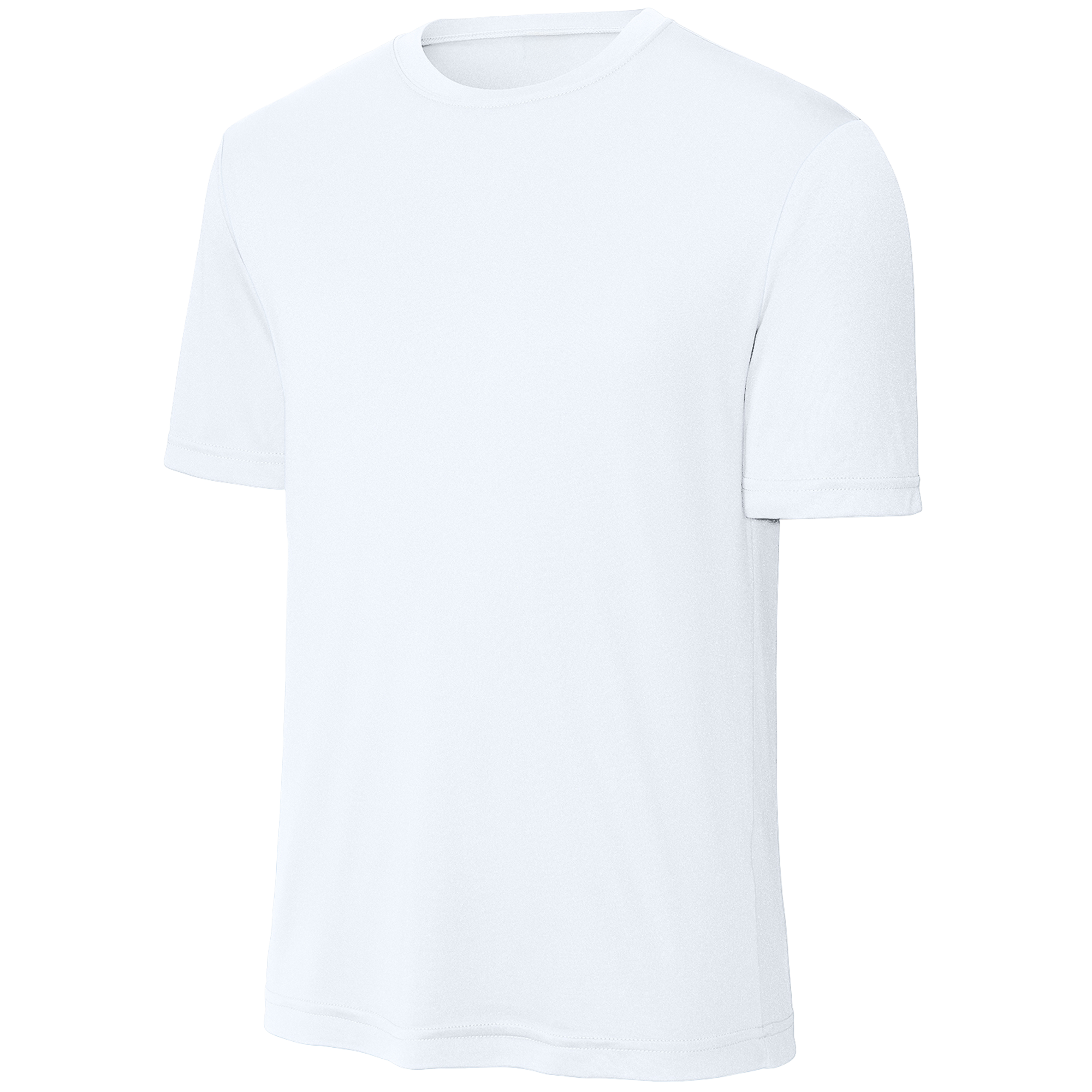 A plain white short-sleeved crew-neck t-shirt, shown from a front-side angle against a white background.