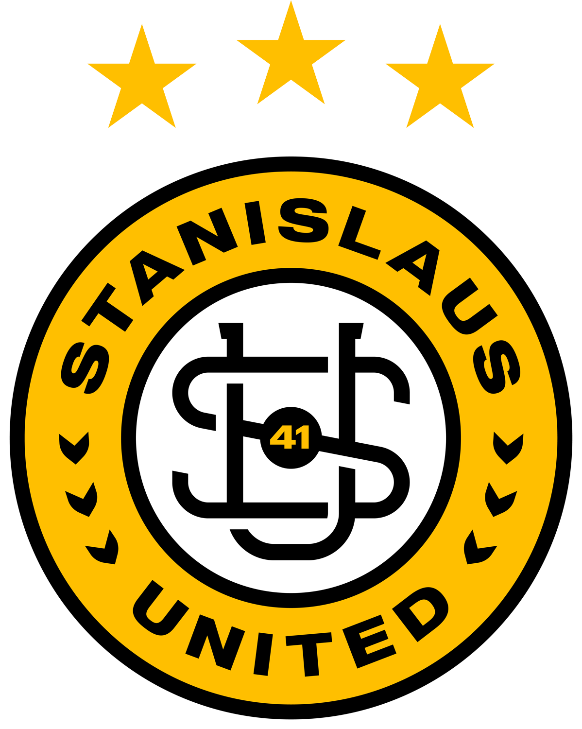 Yellow and black circular logo for Stanislaus United with three stars on top. The center features stylized "SU" initials around the number "41".