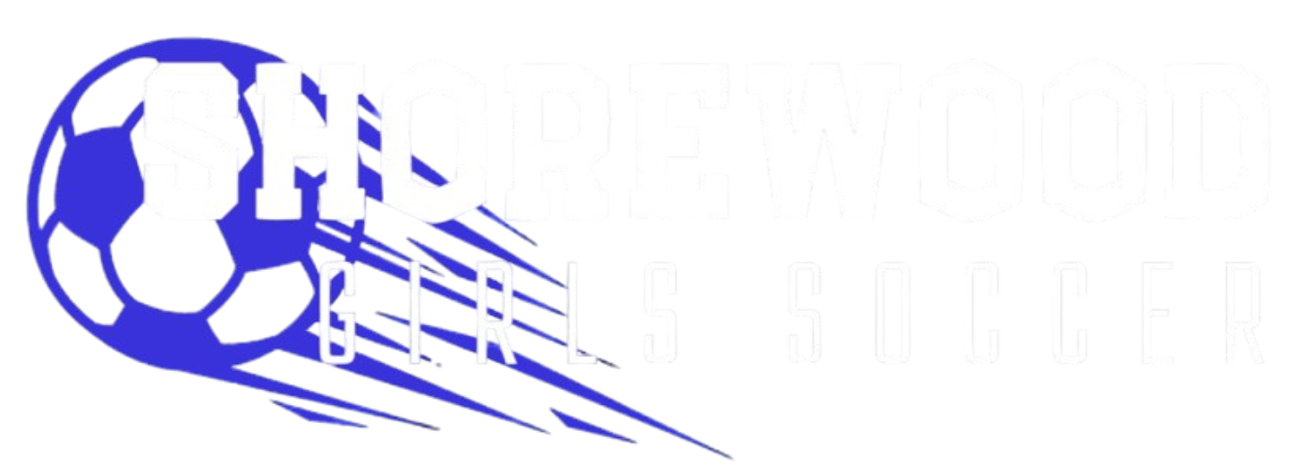 Logo for Shorewood Girls Soccer featuring a blue soccer ball with motion streaks and white block text on a black background.
