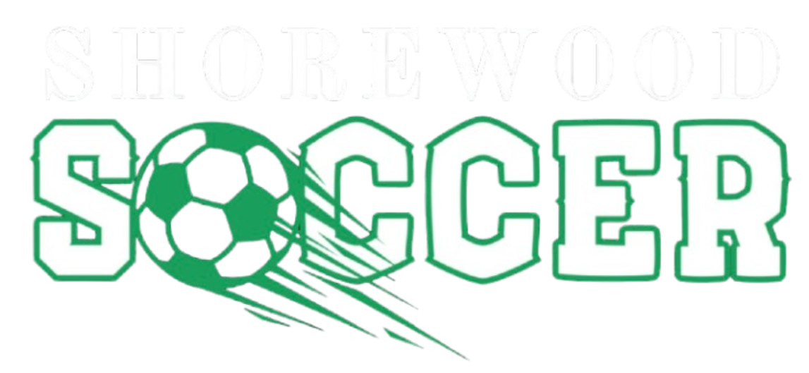 Shorewood Soccer logo on a black background. White serif "SHOREWOOD" above large white "SOCCER" with green outlines. A green soccer ball with speed lines replaces the letter "O".