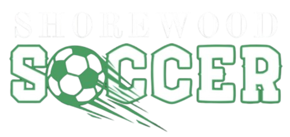 Logo for Shorewood Soccer. White "SHOREWOOD" text sits above green-outlined block letters for "SOCCER". The 'O' is replaced by a green soccer ball with trailing motion lines.