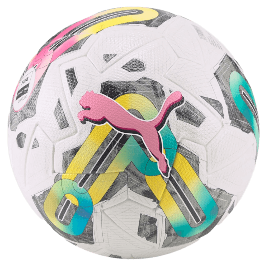 A white Puma Orbita 1 TB FIFA Quality Pro Ball featuring a large pink Puma cat logo and colorful geometric patterns in yellow, teal, and pink.