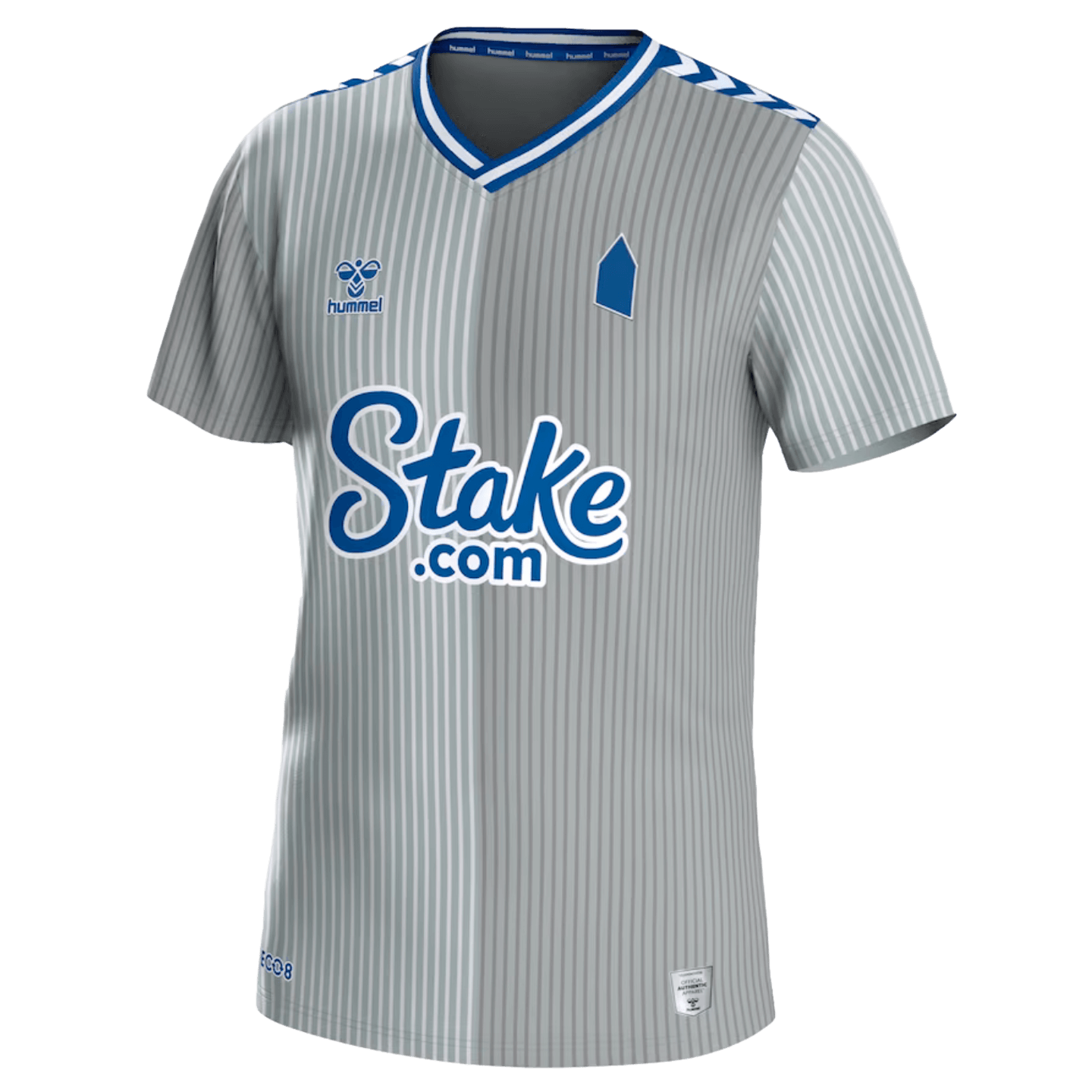 The Hummel Everton FC 23/24 Third Jersey features a grey and silver vertical pinstripe design with a split-tone effect. It has a blue and white V-neck collar and signature Hummel chevrons on the shoulders. The "Stake.com" sponsor logo is displayed across the center in blue.