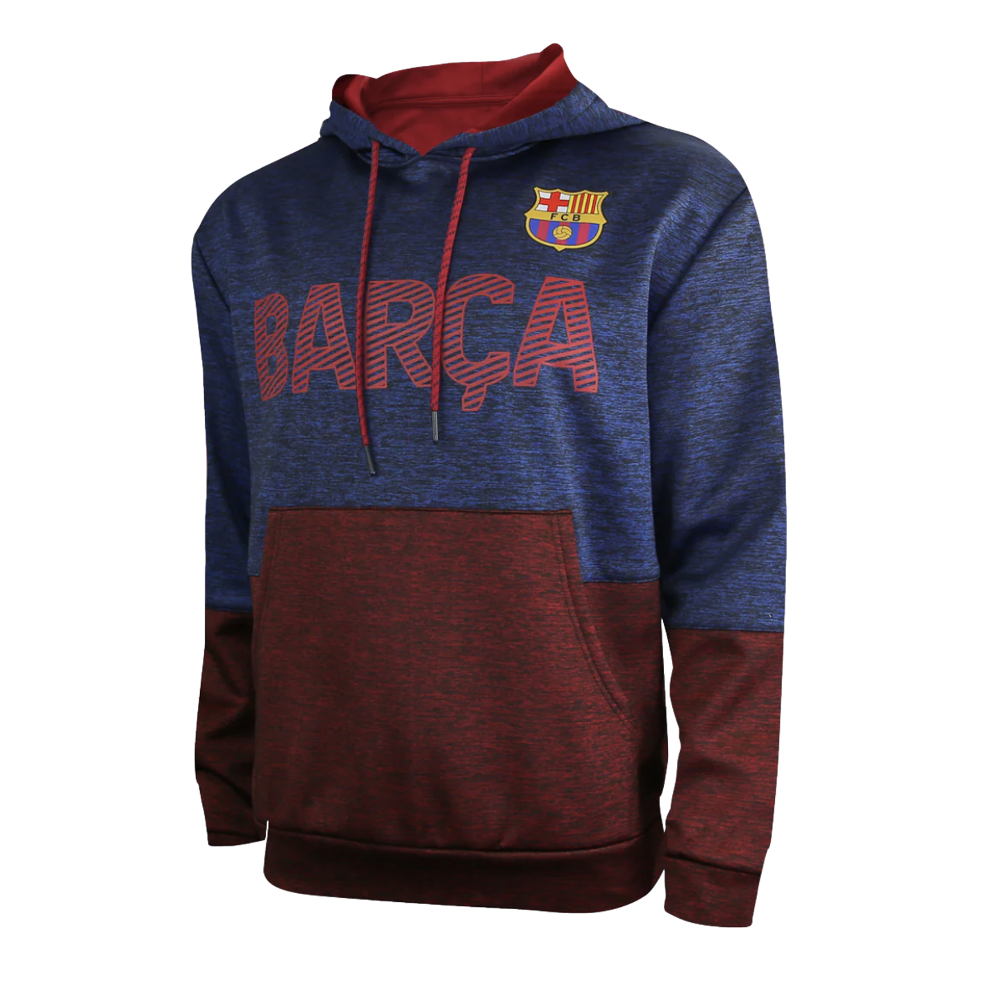 An Icon Barcelona Hoodie with a two-tone, heathered blue and maroon design. The upper blue section features the word "BARÇA" in striped maroon letters across the chest and the FC Barcelona crest on the left. The lower maroon section includes a kangaroo pocket.