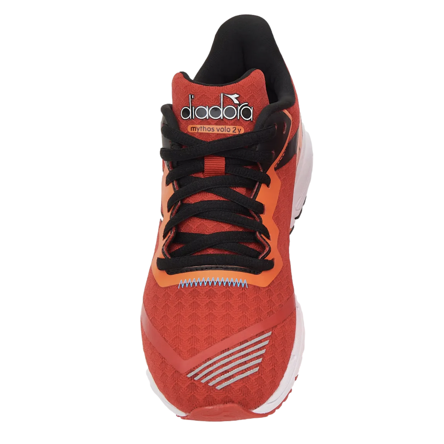 Front view of the (DIAD-101.178043-C9817) Diadora Mythos Blushield Volo 2 Youth Running Shoes in Red/White/Vermillion, featuring a textured red mesh upper, black laces, and silver reflective-style stripes on the toe box.