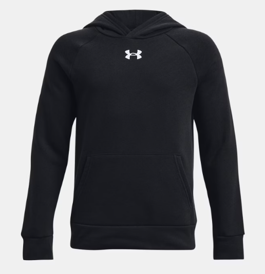 Black Under Armour hoodie with a small white logo centered on the chest, raglan sleeves, and a front kangaroo pocket.