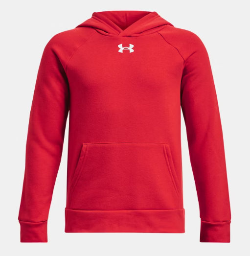 A bright red Under Armour hoodie with a front kangaroo pocket and a small white logo centered on the chest, displayed against a light gray background.