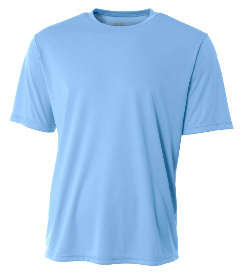 A light blue, crew-neck, short-sleeved performance t-shirt shown against a white background.