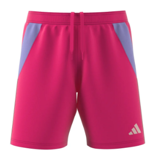 Bright pink Adidas athletic shorts with light purple side panels and a pink drawstring waistband.