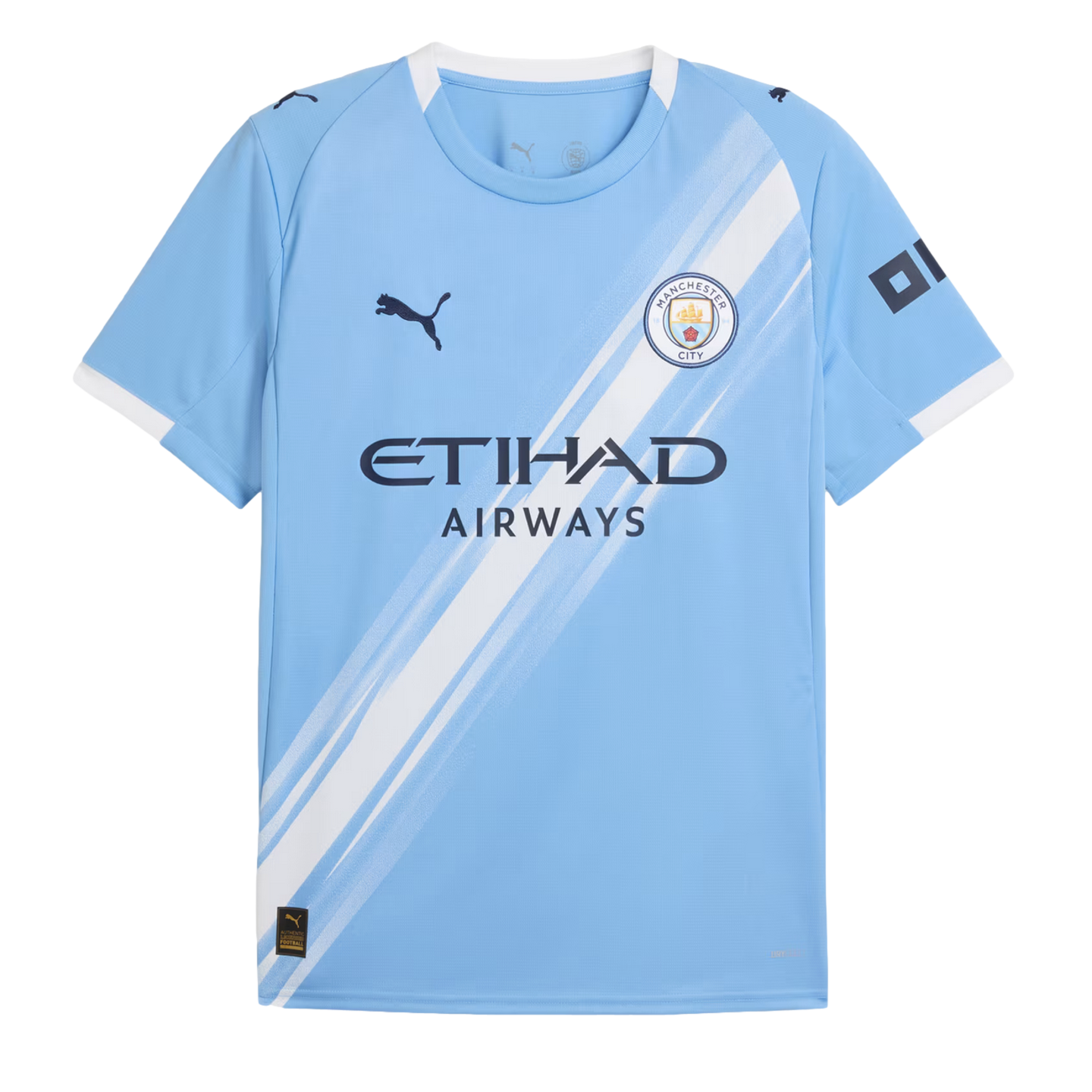 Light blue Manchester City home jersey featuring a white diagonal sash, the team crest, Puma logo, and Etihad Airways sponsor logo.
