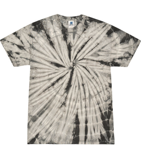 Monochromatic grey and black tie-dye spiral patterned t-shirt.