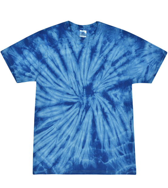 A short-sleeved t-shirt featuring a blue and white tie-dye spiral pattern on a white background.