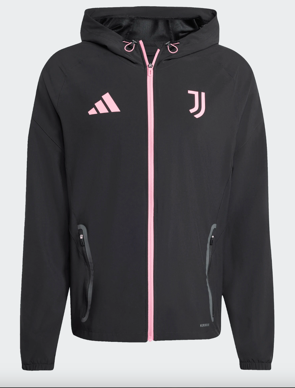 A black Adidas Juventus hooded jacket with a pink central zipper and matching logos. It features two zippered side pockets and an "AEROREADY" label at the hem.