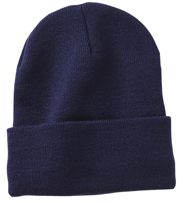 A navy blue knit beanie with a folded cuff.