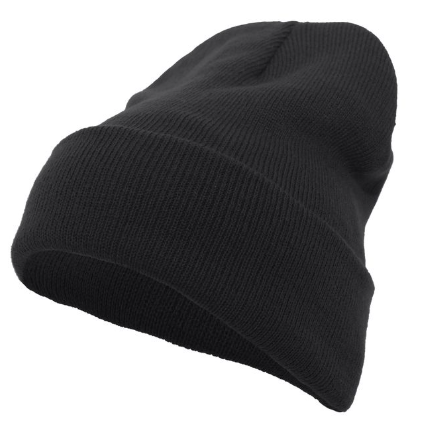 A black knit beanie hat with a folded cuff, shown from a side angle on a white background.