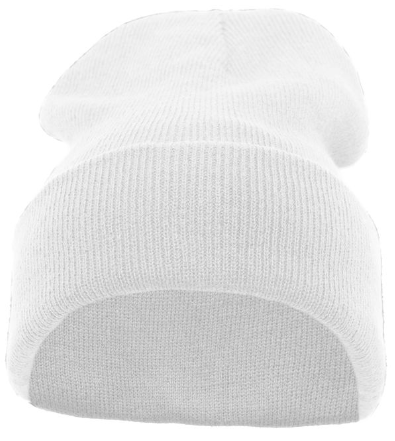A white ribbed knit beanie with a folded cuff.