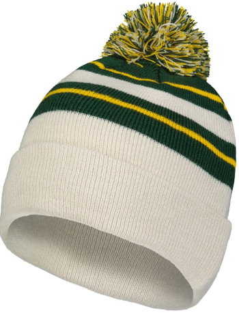 Knit Fold Over Pom-Pom Beanie - Oat/Dark Green/Yellow