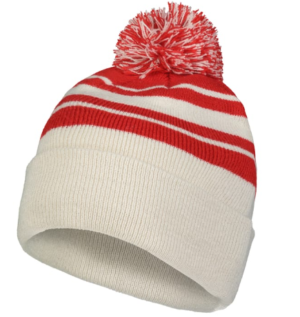 Knit Fold Over Pom-Pom Beanie - Oat/Red