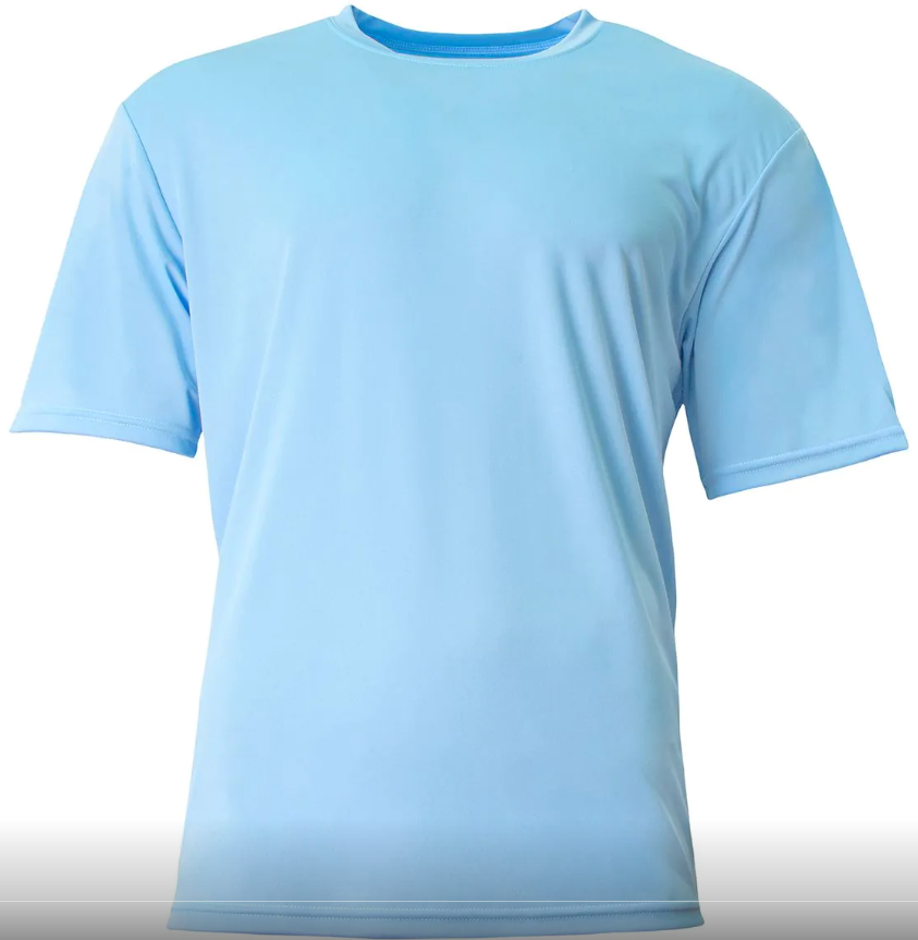 Light blue short-sleeved crew-neck t-shirt displayed against a white background.