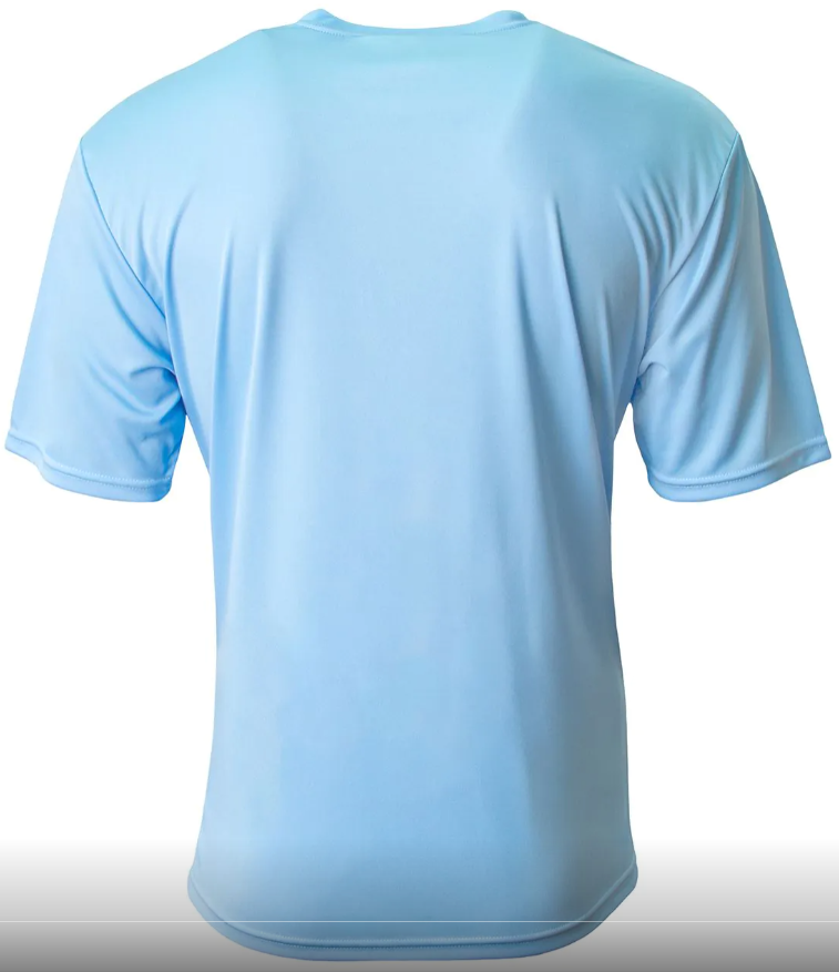 Rear view of a light blue short-sleeved performance t-shirt.