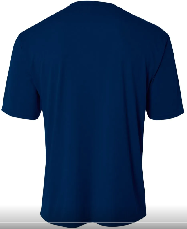 Rear view of a plain, navy blue short-sleeved t-shirt.