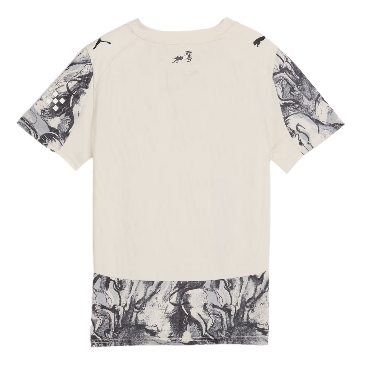 Back view of an off-white Puma short-sleeved t-shirt with black and grey horse graphics on the sleeves and bottom hem.