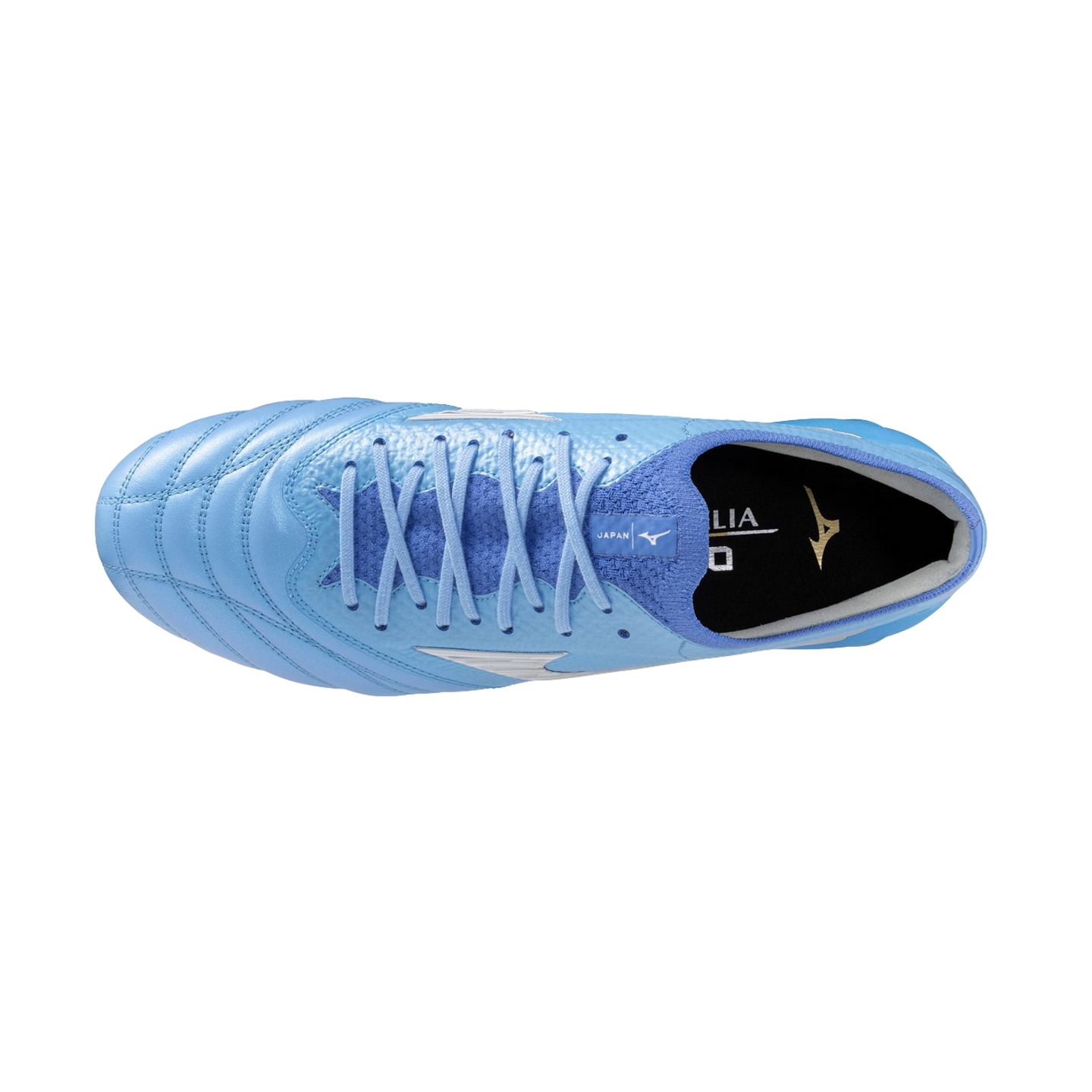 Top-down view of a light blue Mizuno soccer cleat with matching laces and a textured upper, set against a solid black background.