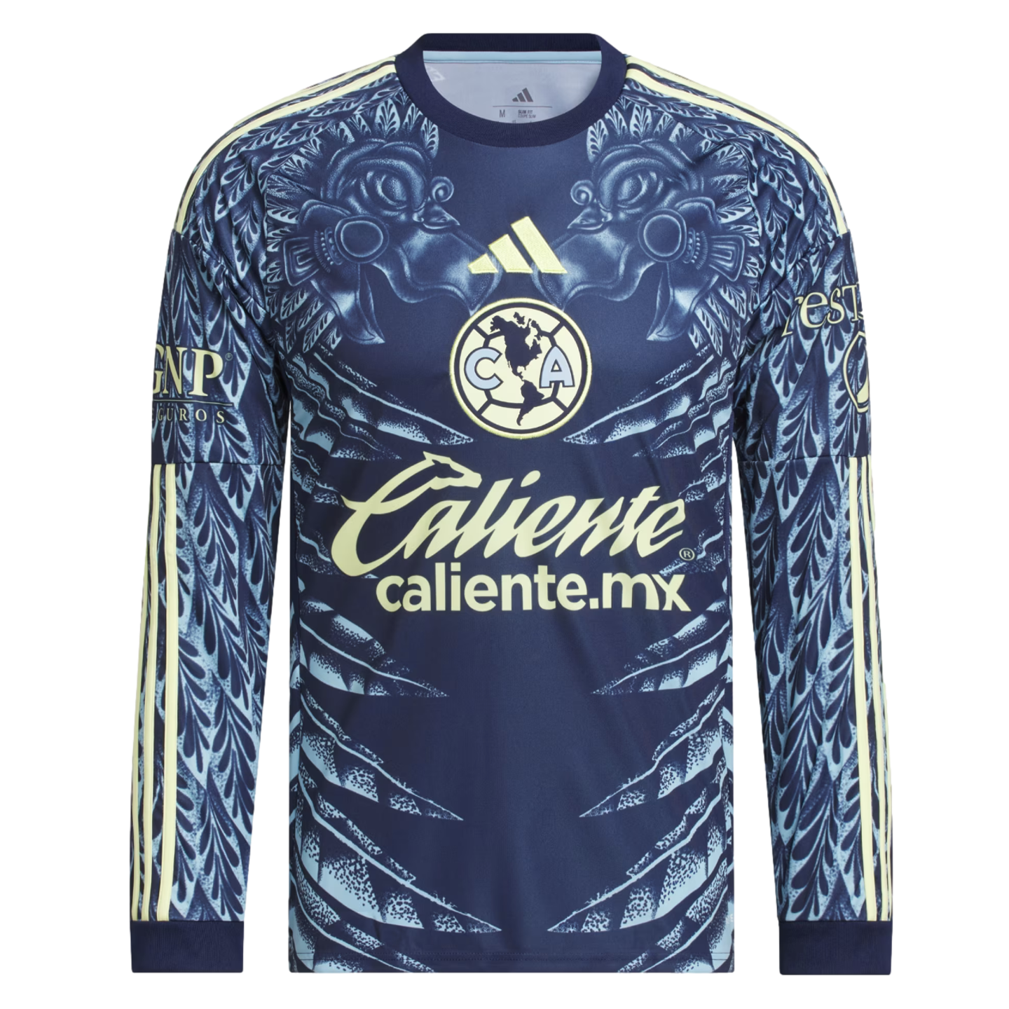 Navy blue Adidas Club América long-sleeve jersey featuring pale yellow logos and large light blue pre-Hispanic eagle warrior patterns on the shoulders and sleeves.