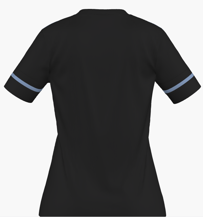 Back view of a black crew neck t-shirt with light blue horizontal stripes on the short sleeves.