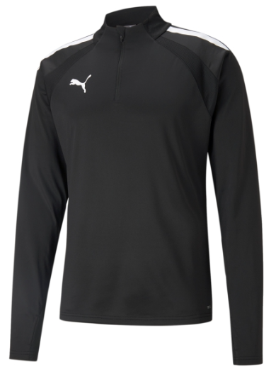 Black Puma quarter-zip long-sleeved training top featuring white shoulder stripes and a white logo on the chest.