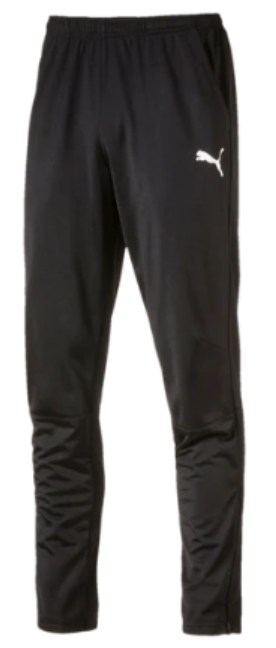 Black Puma athletic track pants with a white logo on the upper left leg and a tapered fit.