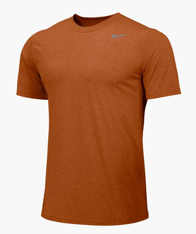 Burnt orange heathered Nike short-sleeve performance t-shirt with a grey swoosh logo on the chest.