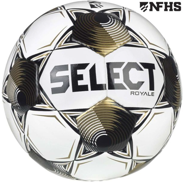 White Select Royale soccer ball with black and gold geometric patterns and the NFHS logo in the corner.