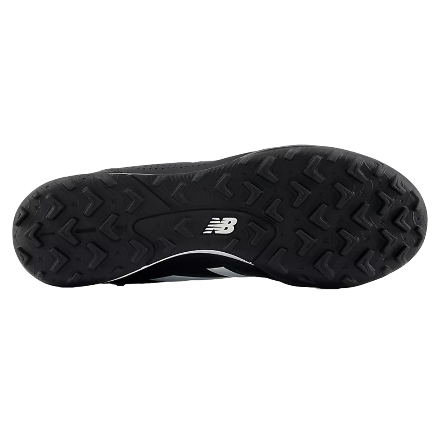The black rubber sole of a New Balance shoe with chevron-shaped traction studs and a white logo in the center.