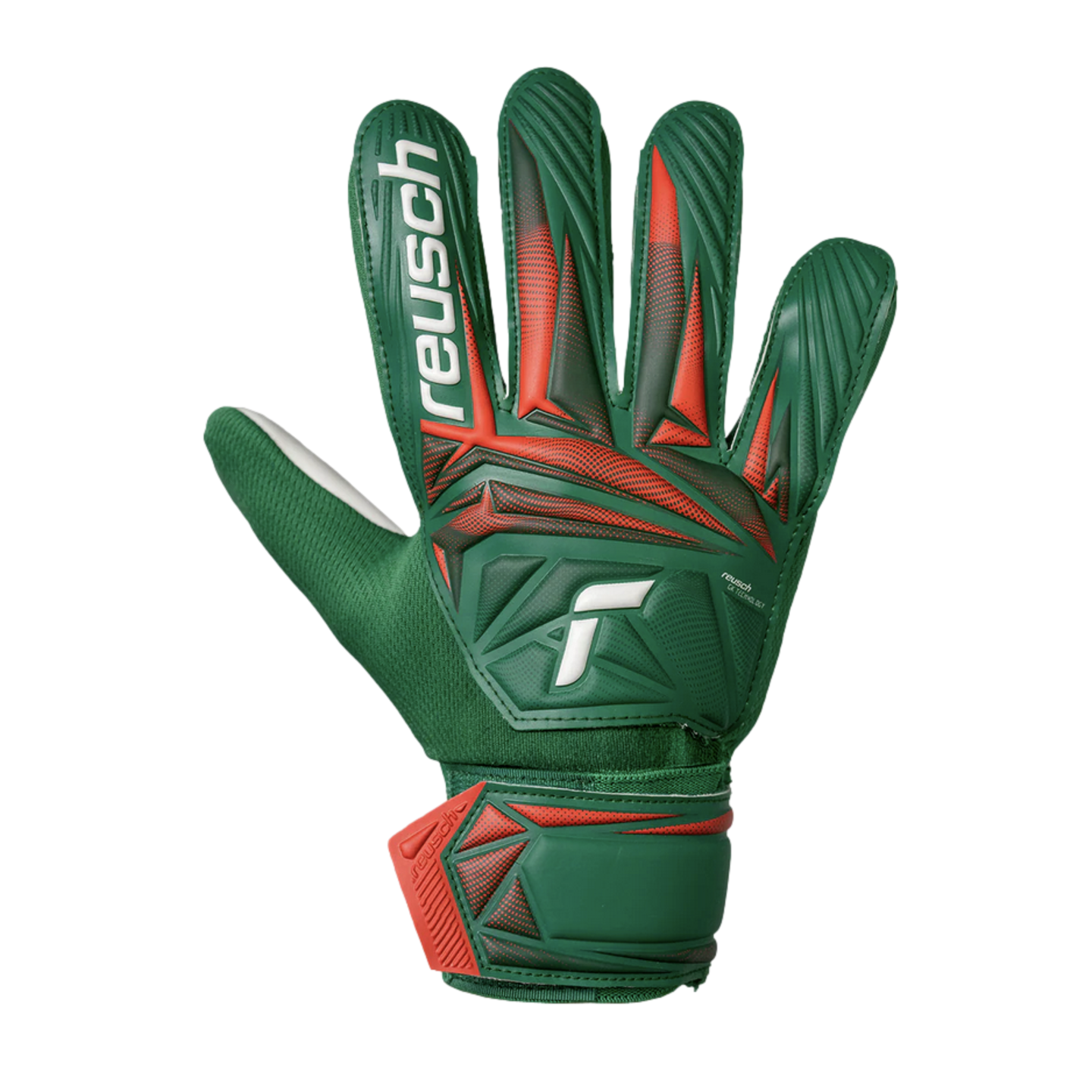 A green and red Reusch goalkeeper glove featured against a solid black background.
