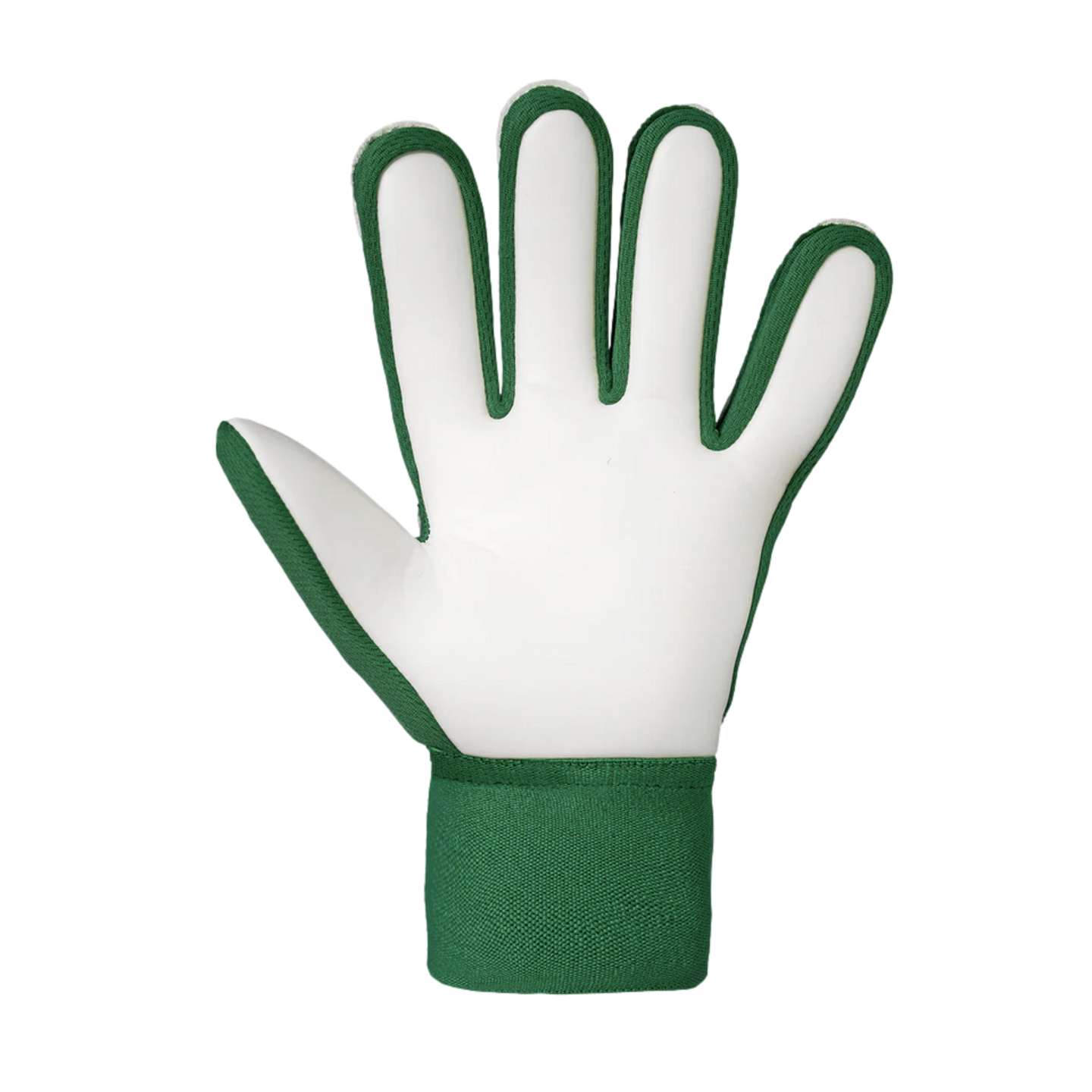Palm view of a white and green soccer goalkeeper glove against a black background.
