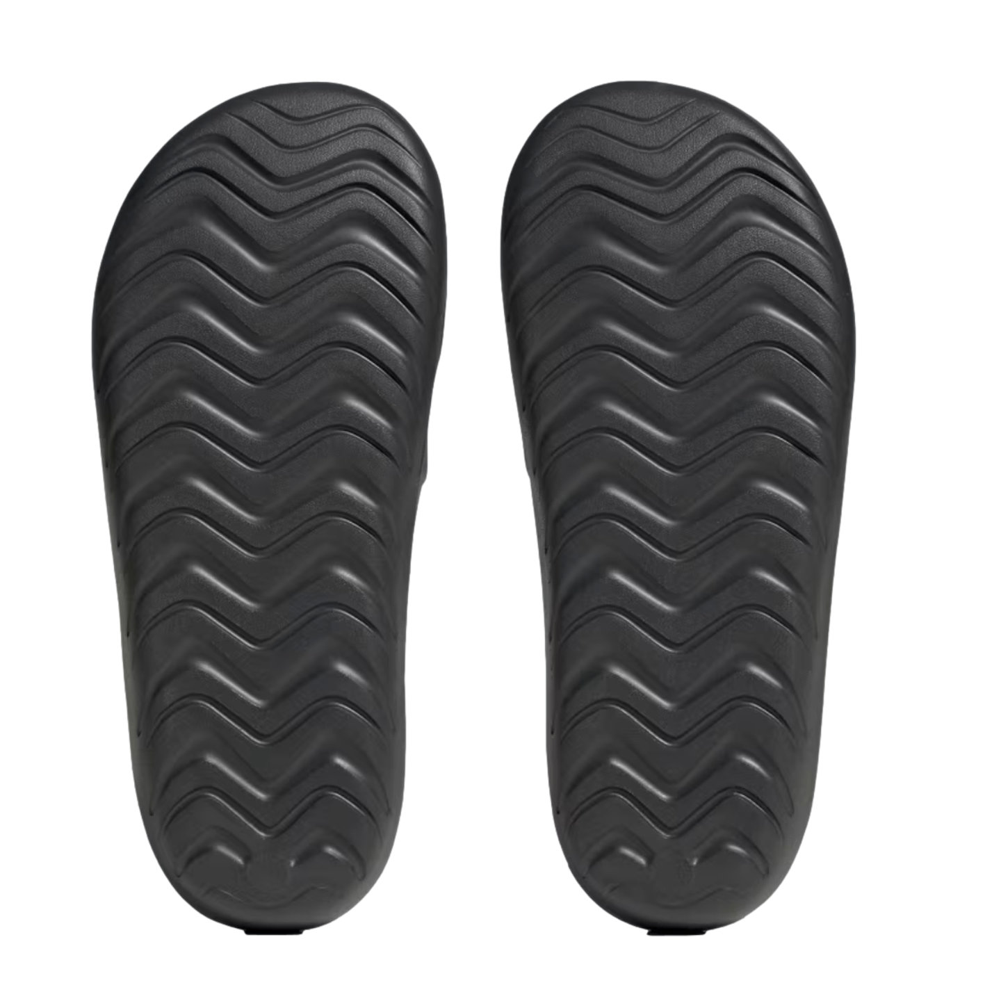 Top-down view of two black sandal soles with a wavy zigzag tread pattern, set against a plain white background.