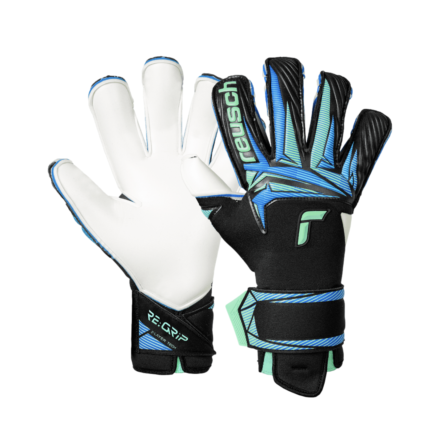 A pair of Reusch goalkeeper gloves. One shows the white palm, and the other shows the black backhand with blue and green geometric patterns.
