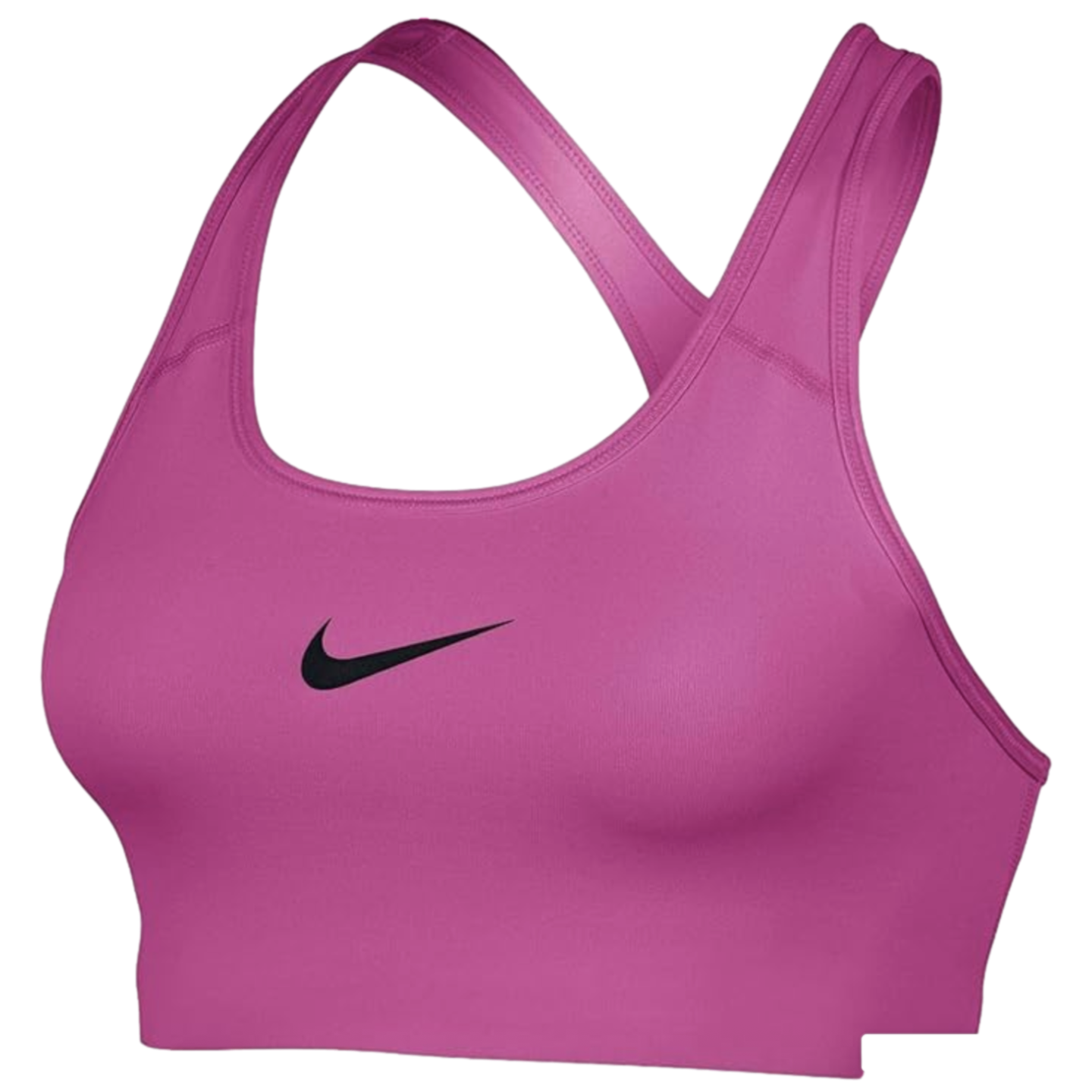 A Nike Swoosh Sports Bra - Pink, featuring a black swoosh logo on the front, a scoop neck, and racerback straps.