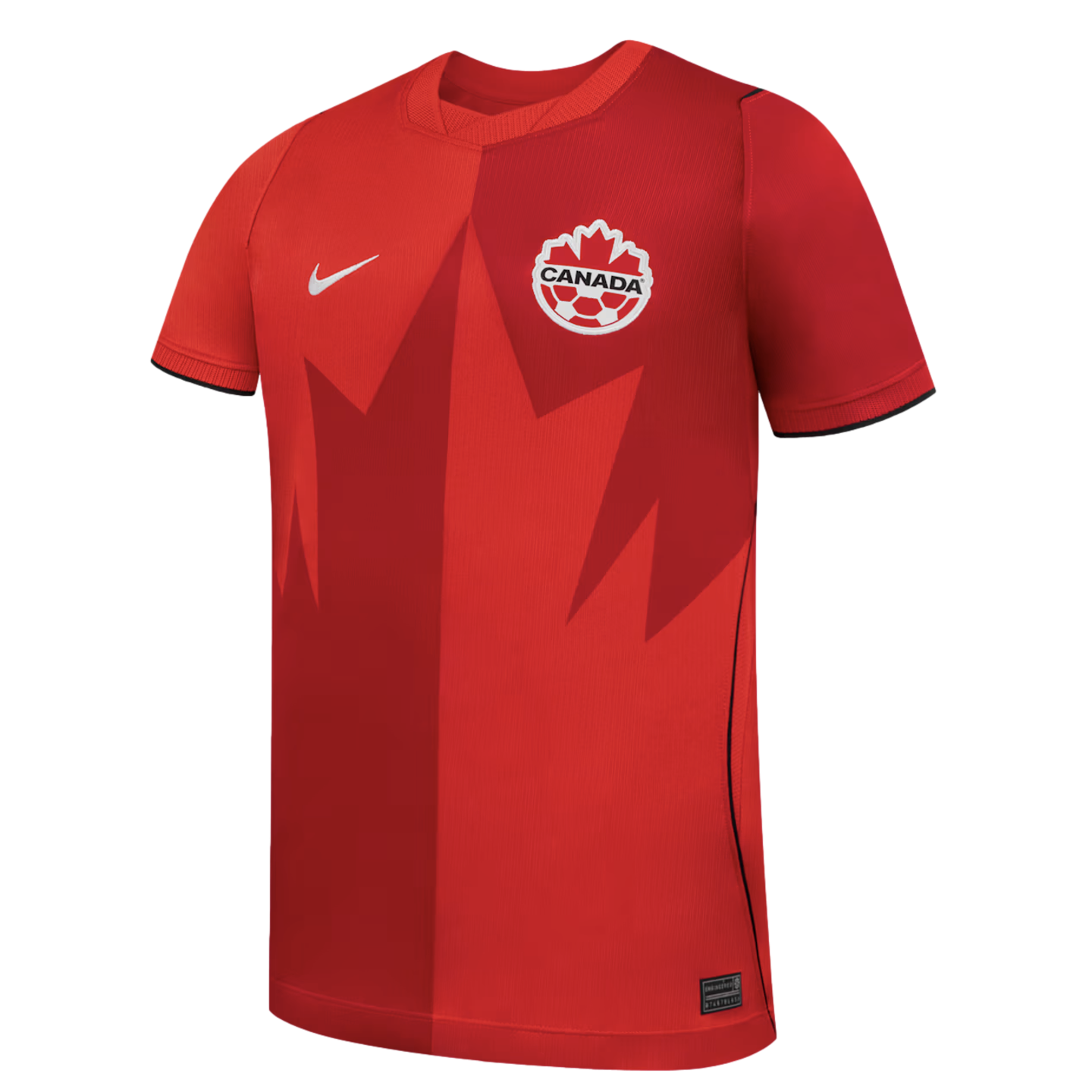A red Nike Canada national team soccer jersey with a two-tone design split vertically down the middle. A large, stylized dark red maple leaf graphic is centered on the front, with a white Nike swoosh on the right chest and the Canada Soccer crest on the left chest.