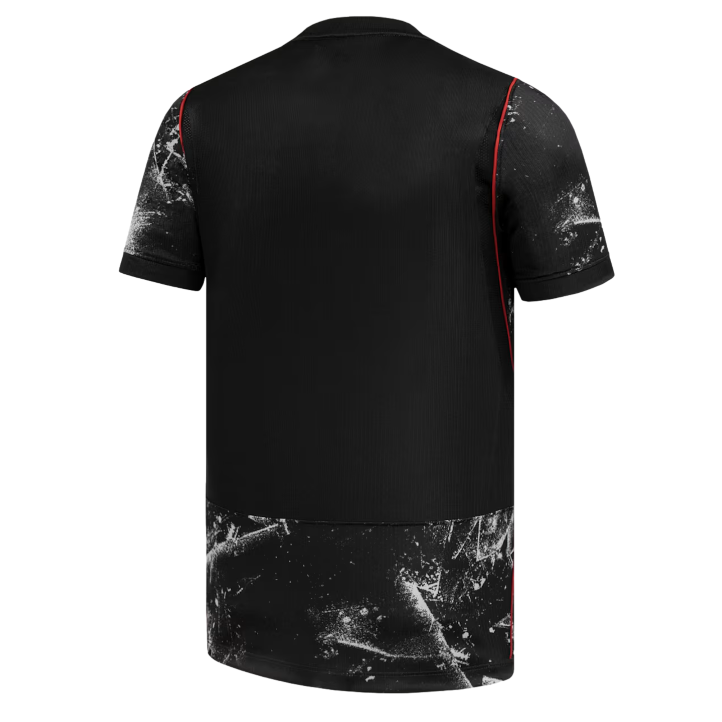 A back view of a black short-sleeved jersey featuring a white splattered graphic on the sleeves and bottom hem, accented with thin red piping along the sides.