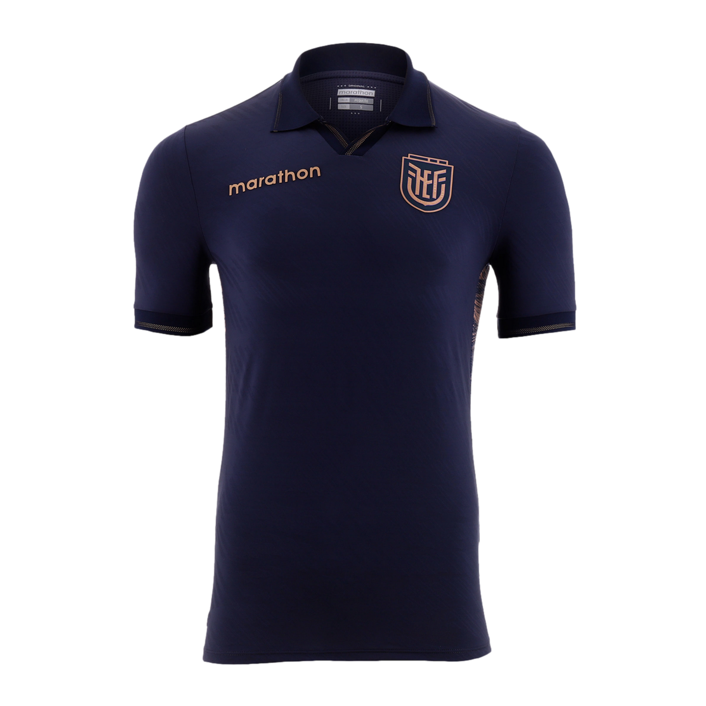 A navy blue short-sleeved polo jersey featuring a metallic bronze "marathon" logo on the right chest and the Ecuadorian Football Federation (FEF) crest on the left. It has subtle metallic trim on the collar and sleeve cuffs, set against a solid black background.