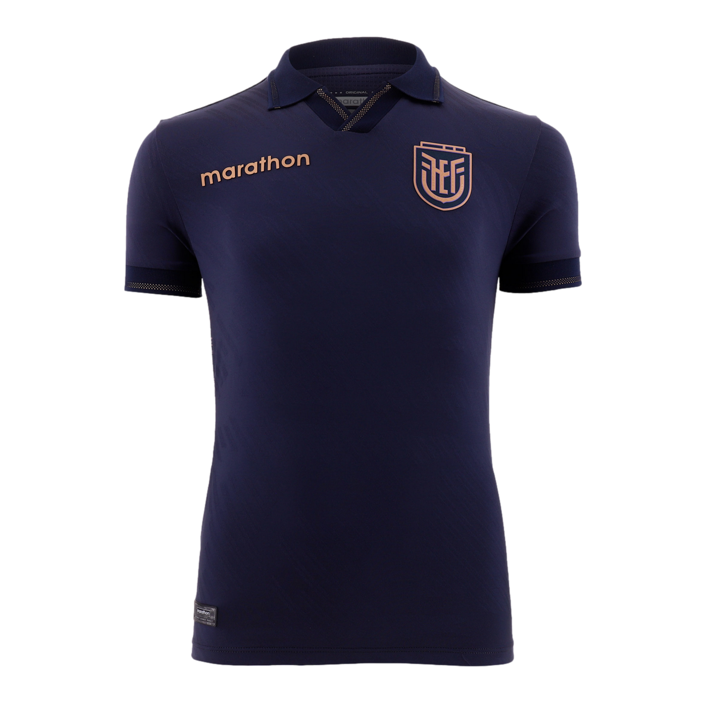 A navy blue short-sleeved polo-style sports jersey with gold-toned accents, featuring the "marathon" brand name on the right chest and a "FEF" crest on the left. The shirt has a collar with textured detailing along the neckline and matching textured sleeve cuffs.