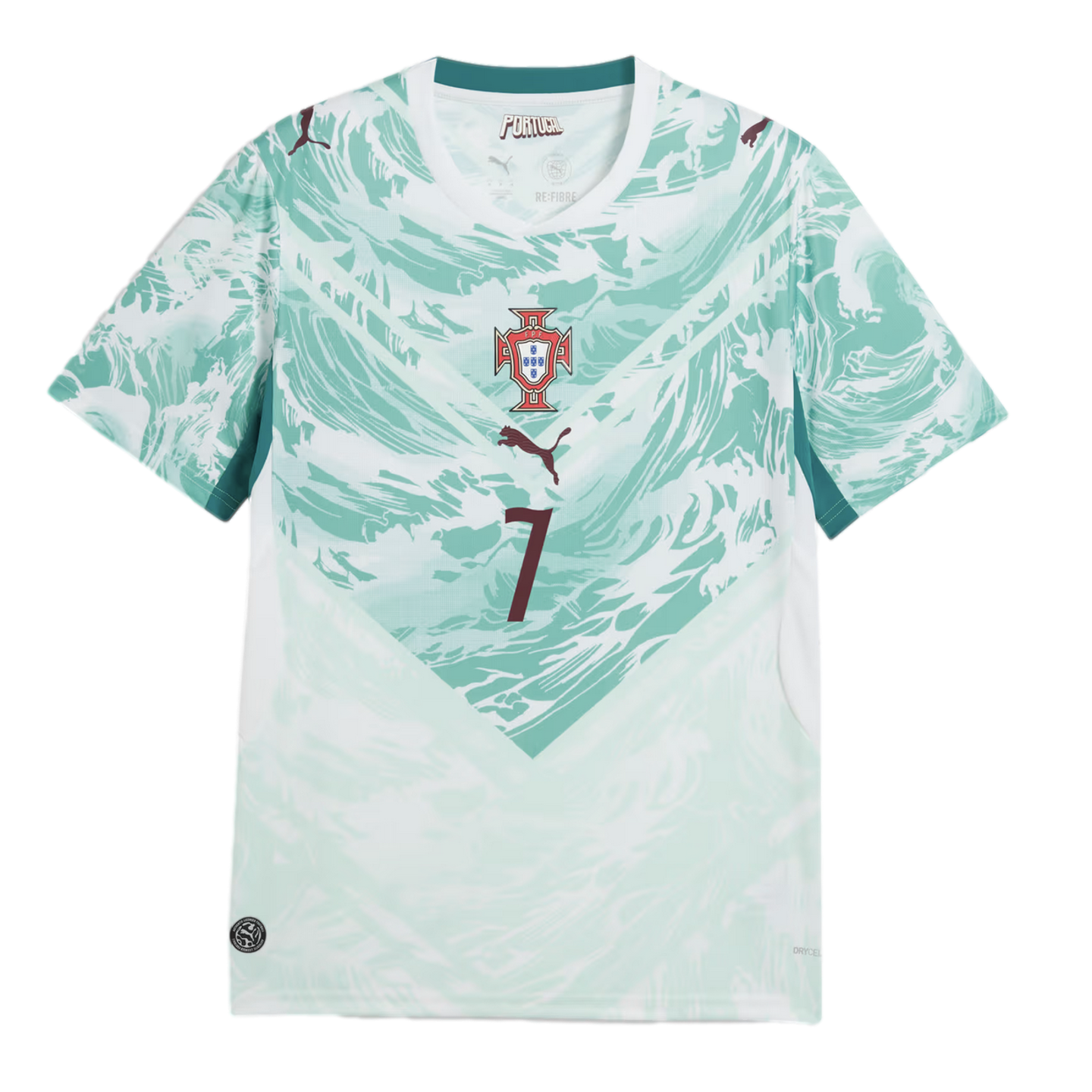 A Portugal national soccer jersey featuring a white and light teal color scheme with a wavy, swirling pattern. The jersey has a large 'V' shape design on the front, with the Portugal national team crest centered at the top of the 'V', followed by a dark maroon Puma logo and the number '7' below. The pattern extends to the sleeves, which also feature smaller Puma logos.